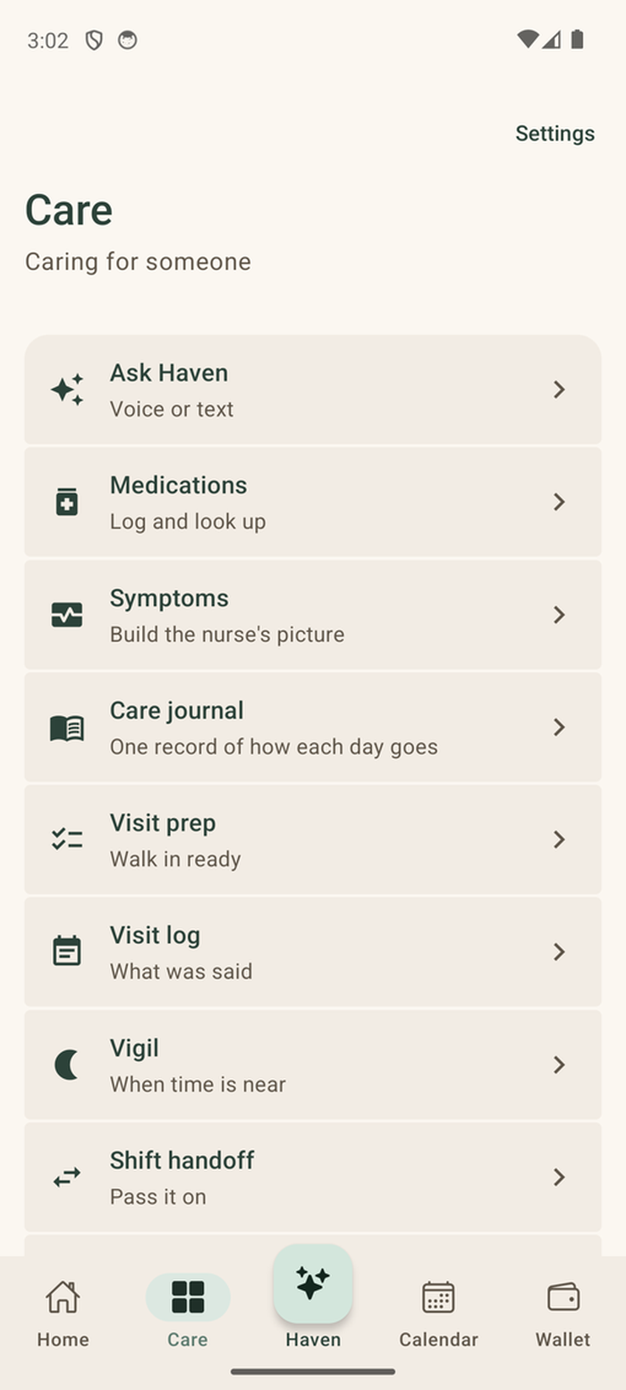 Care and Medications hub in HavenCare on Android