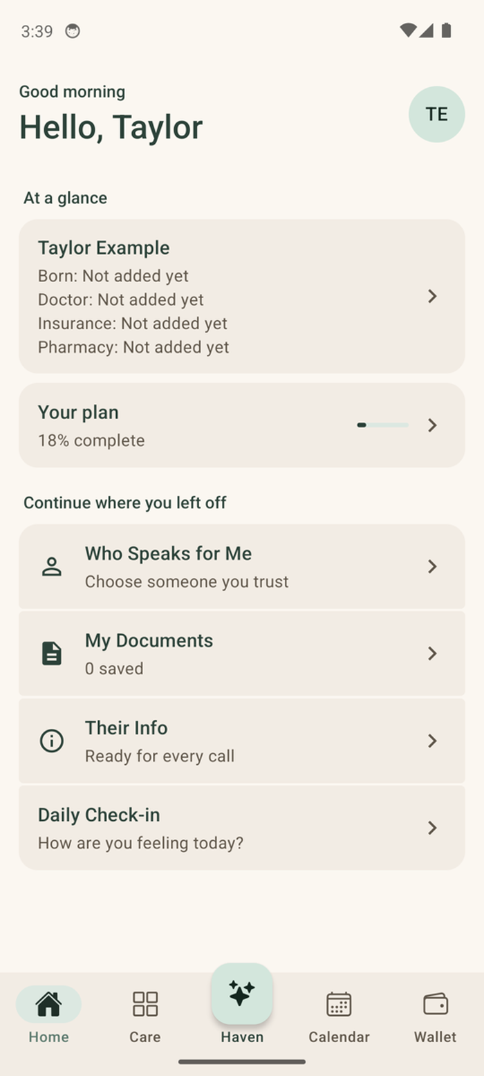 HavenCare home screen on Android