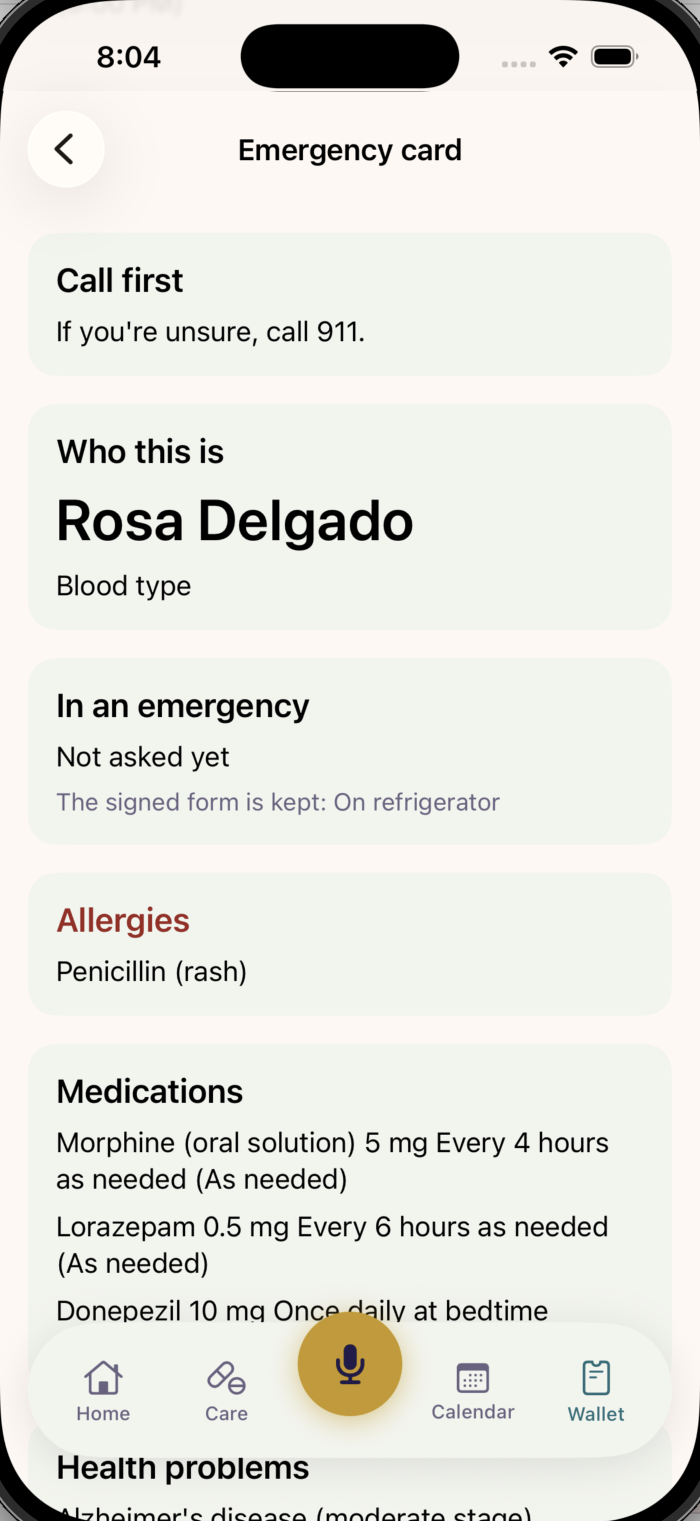 The Emergency Card in HavenCare on iPhone