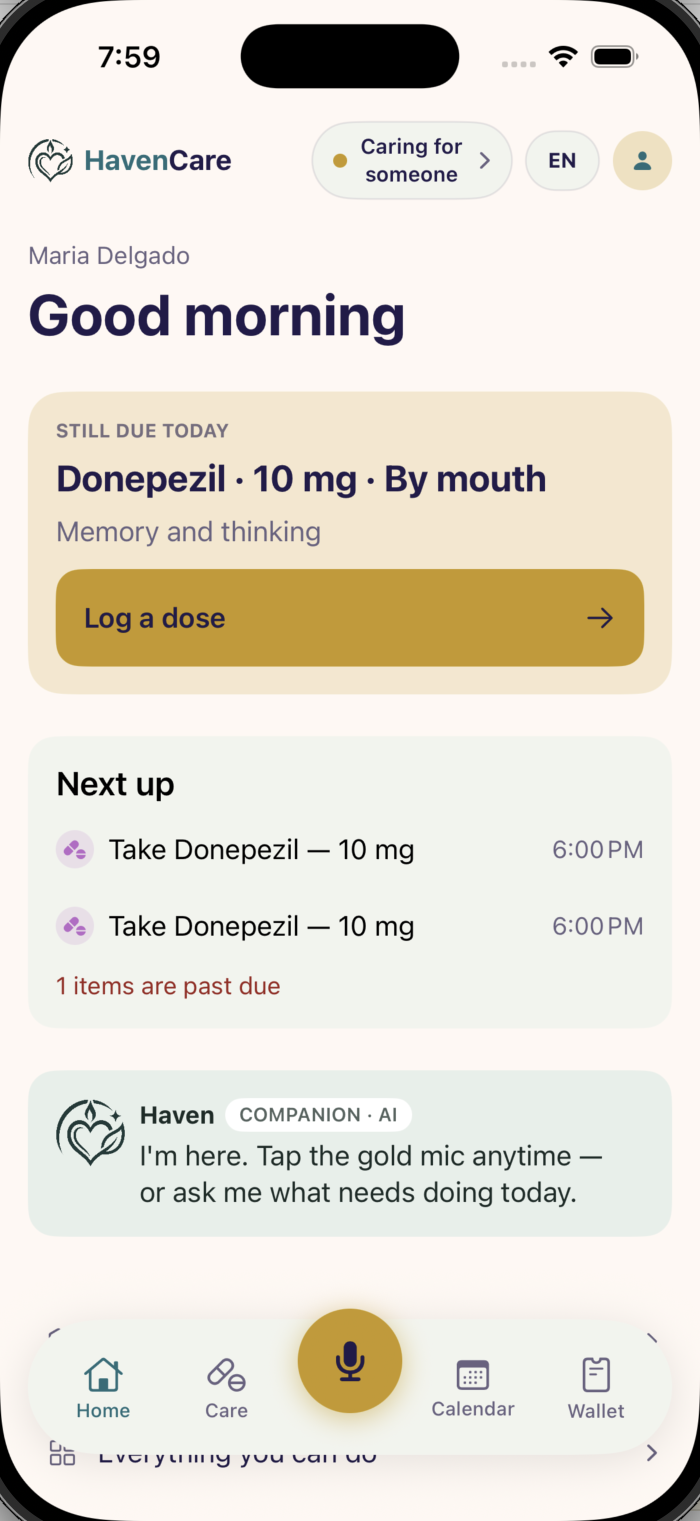 HavenCare home screen on iPhone