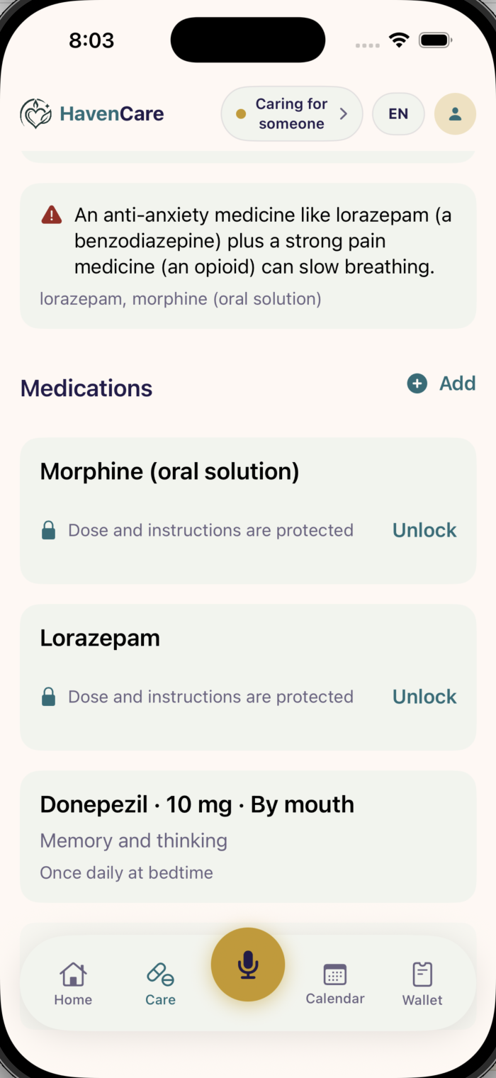 Medicines in HavenCare on iPhone