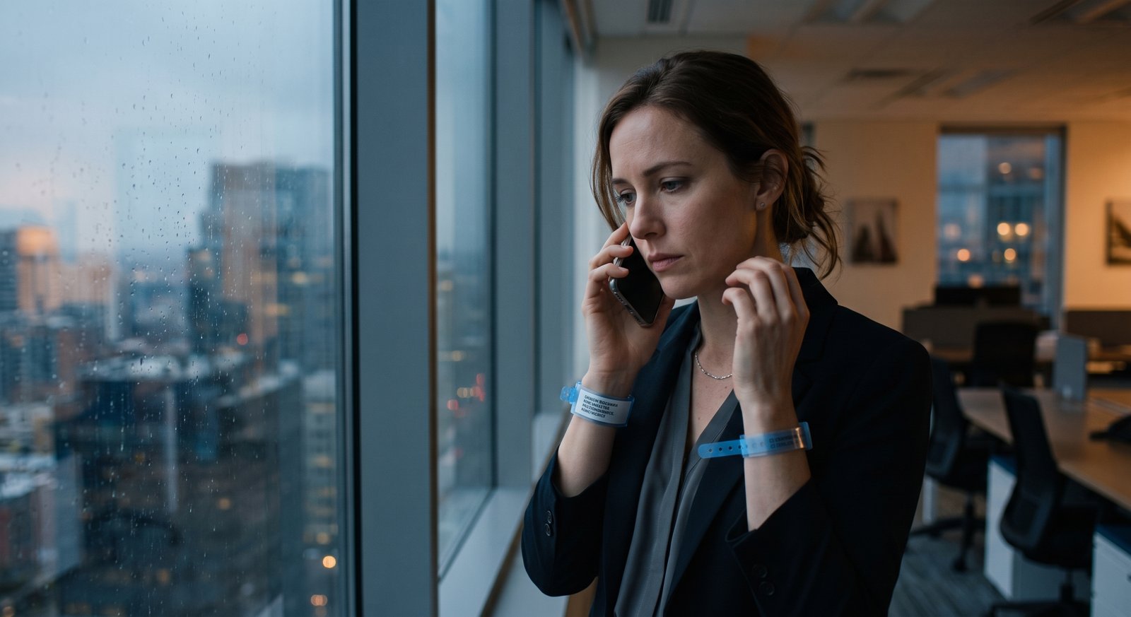 A working caregiver taking a quiet phone call by an office window
