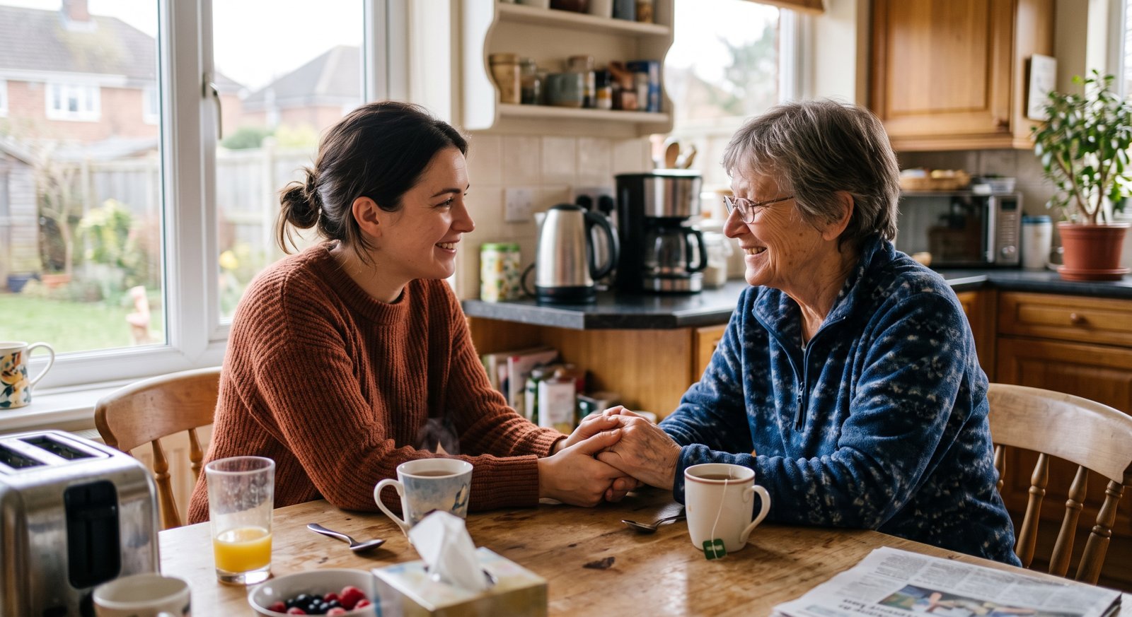 An adult daughter and her mother holding hands over tea at the kitchen table
