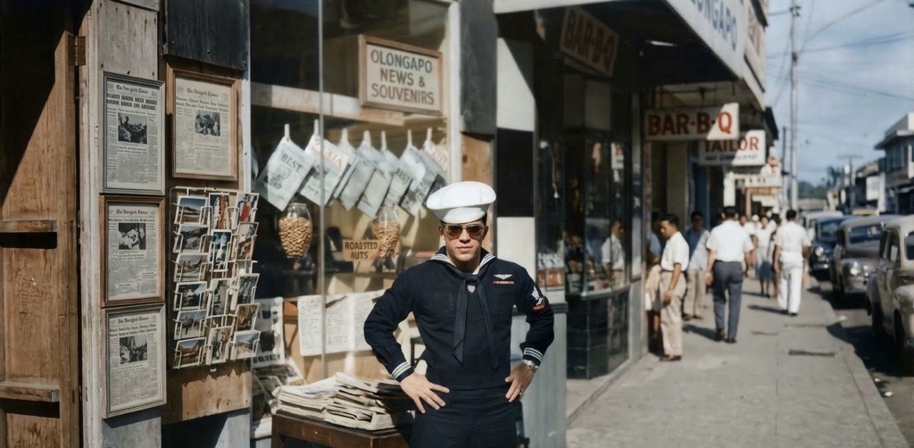 Theodore J. Katz in his U.S. Navy uniform outside a news stand, circa 1966